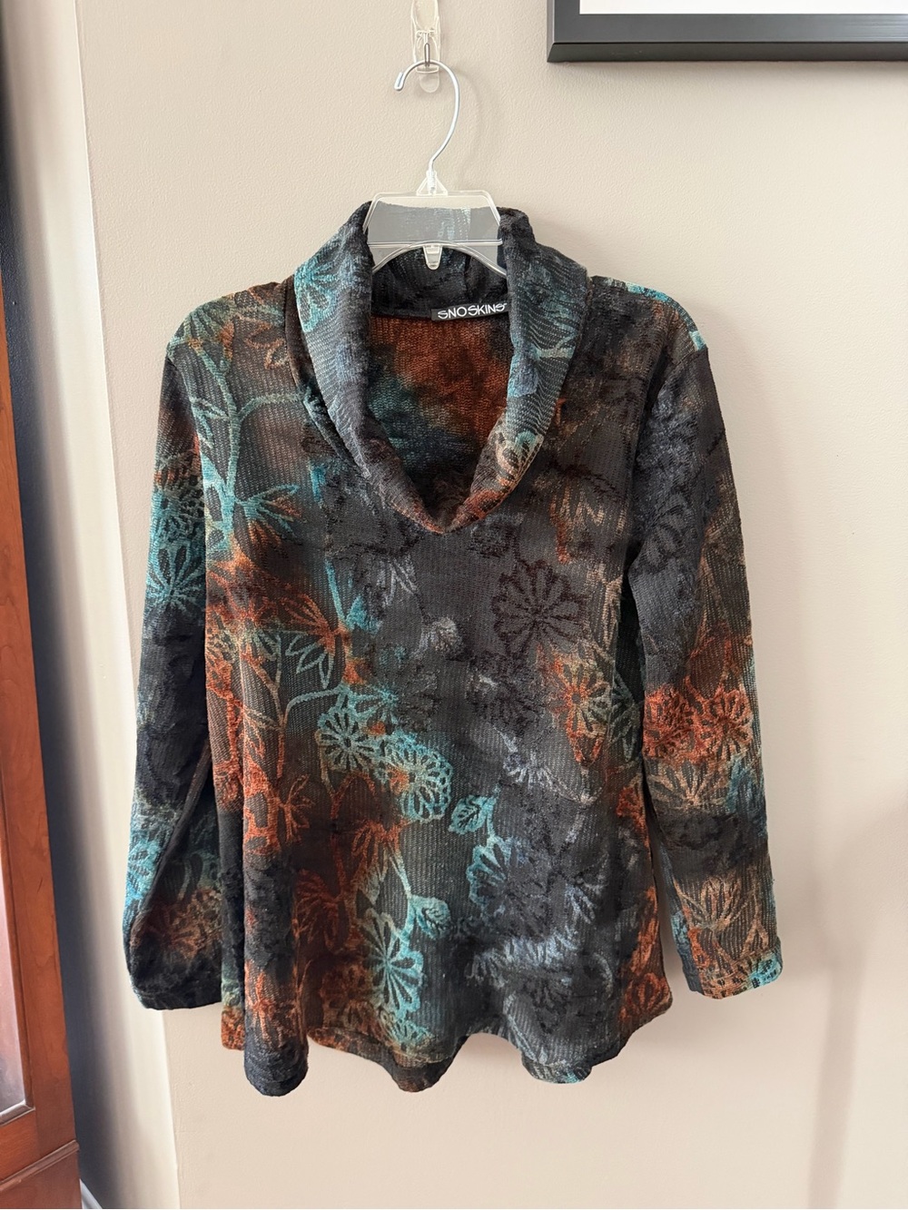 SNO SKINS Black Floral Cowl Neck Sweater with Teal & Rust Accents. Large